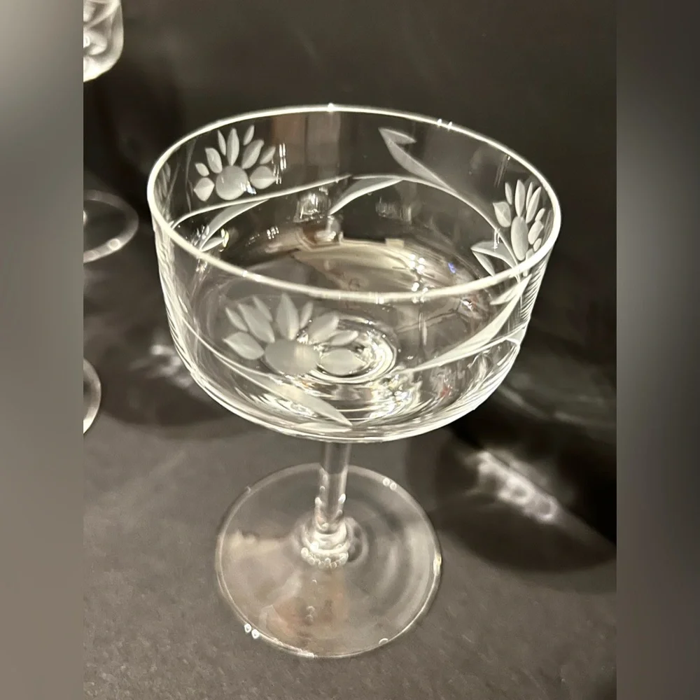 Vintage Etched Crystal Cocktail Glasses, Set of 4